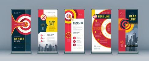 Red Arrow and Target Standee Banner Template Design. Business Roll Up Set. vector