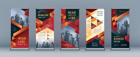 Strip Ribbon Standee Banner Template Design. Red Geometric Business Roll Up Set vector