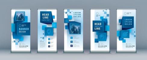 Banner Template Blue 3D Cube blocks Standee Design.Business Roll Up Set. vector