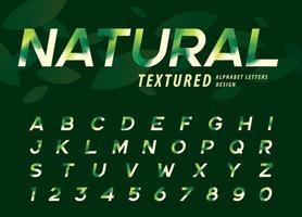 fuentes modernas de letras en cursiva de hoja de palma, letras y números del alfabeto de textura de hojas vector