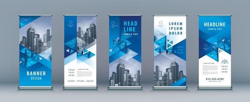 Blue Geometric Triangle Business Roll Up Set. Standee Banner Template Design. vector