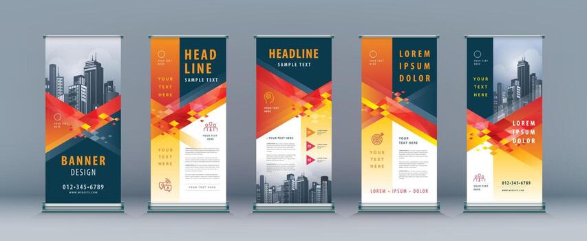 Red Geometric Triangle Standee Banner Template Design. Business Roll Up Set. vector