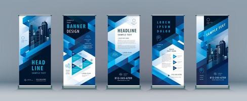 Blue Strip Ribbon Business Roll Up Set. Abstract Geometric Standee Banner Template Design. vector