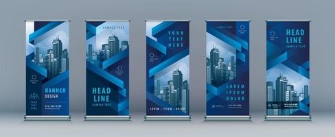 Abstract Blue Strip Ribbon Business Roll Up Set. Geometric Standee Banner Template Design. vector