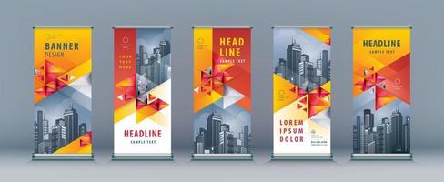 Geometric Red Triangle Standee Banner Template Design. Business Roll Up Set. vector