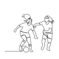 Line drawing of a soccer player with two young women dribbling a ball. Individual sports, football training concept. Templates for your designs. Vector illustration