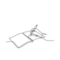 Draw a continuous line of hand gestures on an open notebook for writing. Write a draft business diary. Vector illustration
