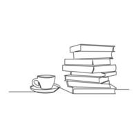 dibuje una línea continua de pilas de libros con una taza de café encima de la mesa de la biblioteca. conceptos de negocios y educación. ilustración vectorial vector