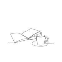 dibuje una línea continua de pilas de libros con una taza de café encima de la mesa de la biblioteca. conceptos de negocios y educación. ilustración vectorial vector