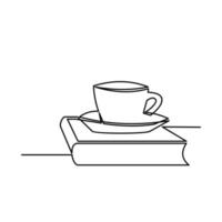 dibuje una línea continua de pilas de libros con una taza de café encima de la mesa de la biblioteca. conceptos de negocios y educación. ilustración vectorial vector