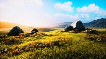 prairie avec d'énormes pierres parmi l'herbe sur la colline au coucher du soleil video