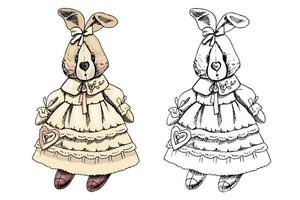 A hand-drawn ink sketch of a a plush vintage rabbit in a dres. Vintage vector illustration.   Vintage sketch element for labels, packaging and cards design.