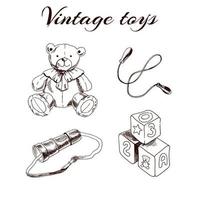 A set of hand-drawn vintage toys. Teddy bear, skipping rope, spyglass, blocks. Outline vintage vector illustration.   Vintage sketch element for labels, packaging and cards design.