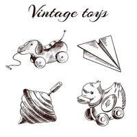 A set of hand-drawn vintage toys. Wooden dog, duck, yula, paper airplane. Outline vintage vector illustration.   Vintage sketch element for labels, packaging and cards design.