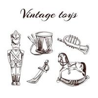 A set of hand-drawn vintage toys.  Soldier, drum, trumplet, saber, rocking horse. Outline vintage vector illustration.   Vintage sketch element for labels, packaging and cards design.