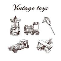 A set of hand-drawn vintage toys. Carousel, train, hobby horse, car, airplane. Outline vintage vector illustration.   Vintage sketch element for labels, packaging and cards design.