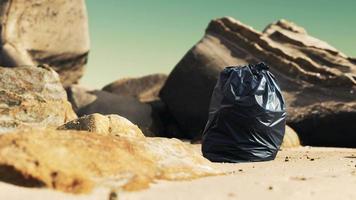 sac poubelle en plastique noir plein de déchets sur la plage video