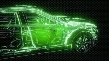 Holographic animation of 3D wireframe car model with engine video