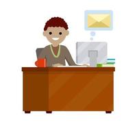 Young man sit at table with computer and receives letter. e-mail in messenger, chat with friends on Internet. Cartoon flat illustration. Work in office. postal envelope in bubble vector