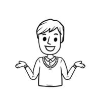 Man with Spread hands. Smiling young boy in shirt. Doubt and timidity. Hand drawn sketch cartoon. Uncertainty and shrugging. Funny illustration vector