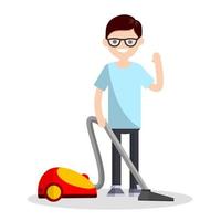 Man with vacuum cleaner in blue clothes. Home appliances. vector