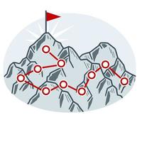 escalando montaña con bandera roja. puntos y etapas del recorrido. vector