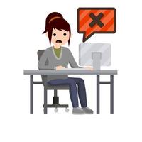 mensaje de error en la computadora. una mujer sorprendida se sienta a la mesa con un monitor. hackear el sistema de datos. ilustración plana de dibujos animados. trabajo de oficina y freelance. virus y error. problema con el programa vector