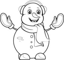 Coloring page. Happy snowman with winter earmuffs, gloves and scarf