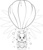 página para colorear gatito alegre y lindo está volando en un globo aerostático vector