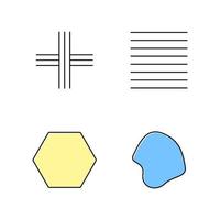 Geometric figures color icons set. Crossed stripes. Black ink strokes. Parallel lines. Flat solid hexagon. Filled fluid abstract shape. Isometric forms. Isolated vector illustrations