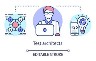 Test architects concept icon. IT developers idea thin line illustration. Creative employee. Software testing process. Indicating issues and problems. Vector isolated outline drawing. Editable stroke