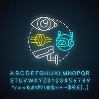 óptica para robots icono de concepto de luz de neón. idea de lentes robóticas. Vidrio futurista especial para electrónica. signo brillante con alfabeto, números y símbolos. ilustración vectorial aislada vector