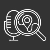 Geolocation voice request chalk icon. Location search idea. Sound control, microphone command, magnifying glass. Smart assistant, innovative technology. Isolated vector chalkboard illustration