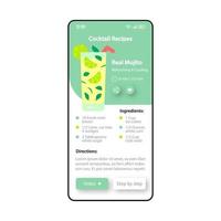 plantilla de vector de interfaz de teléfono inteligente de recetas de cóctel. diseño de diseño verde y blanco de la página de la aplicación móvil. Pantalla de preparación de bebidas. interfaz de usuario plana para la aplicación. Ingredientes de mojito reales. pantalla del teléfono