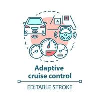 icono del concepto de control de crucero adaptativo. sistema para evitar colisiones en carretera. coche sin conductor. ilustración de línea delgada de idea de vehículo de piloto automático. dibujo de contorno aislado vectorial. trazo editable vector