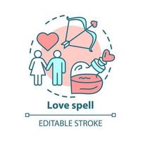 Love spell concept icon. Witchcraft and alchemy idea thin line illustration. Philtre, romantic elixir. Cupid bow, couple in love and magic potion vector isolated outline drawing. Editable stroke