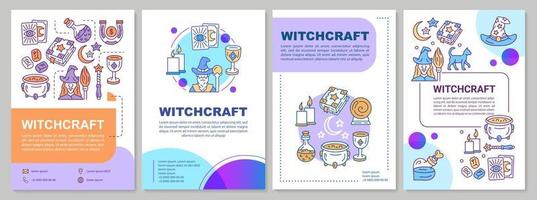 Witchcraft brochure template layout. Alchemy and occultism flyer, booklet, leaflet print design with linear illustrations. Vector page layouts for magazines, annual reports, advertising posters