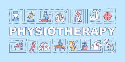 Physiotherapy word concepts banner. Physical health care. Infographics with linear icons on blue background. Isolated creative typography. Vector outline color illustration with text