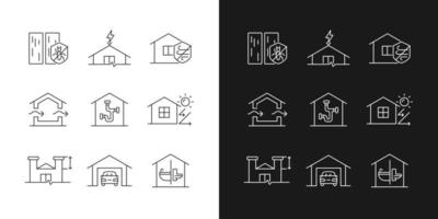 iconos lineales de estándares de construcción de viviendas establecidos para modo oscuro y claro. manejo de plagas. resistencia al clima. símbolos de línea fina personalizables. ilustraciones aisladas de contorno vectorial. trazo editable vector