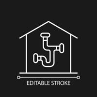 Plumbing system white linear icon for dark theme. Installing pipes and fixtures in house. Thin line customizable illustration. Isolated vector contour symbol for night mode. Editable stroke