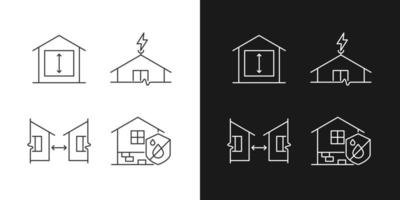 construyendo iconos lineales de casas seguras establecidos para modo oscuro y claro. Altura mínima del techo. distancia entre edificios. símbolos de línea fina personalizables. ilustraciones aisladas de contorno vectorial. trazo editable vector