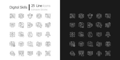 Digital skills linear icons set for dark and light mode. Gaining literacy competencies in digital era. Customizable thin line symbols. Isolated vector outline illustrations. Editable stroke