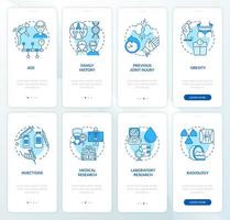 Arthritis blue onboarding mobile app page screen set. Risk factors and prevention walkthrough 4 steps graphic instructions with concepts. UI, UX, GUI vector template with linear color illustrations