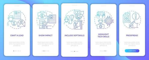 escribiendo la pantalla de la página de la aplicación móvil de incorporación de gradiente azul cv. tutorial 5 pasos instrucciones gráficas con conceptos. curriculum vitae. ui, ux, plantilla vectorial gui con ilustraciones en color lineal vector