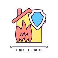 Fire home insurance RGB color icon. Protecting house from fire. Guaranteed financial safety at fire accident. Isolated vector illustration. Simple filled line drawing. Editable stroke. Arial font used