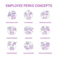 Company workers perks concept icons set. Job extra benefit. Non-wage advantages. Staff bonuses idea thin line color illustrations. Isolated outline drawings. Roboto-Medium, Myriad Pro-Bold fonts used vector