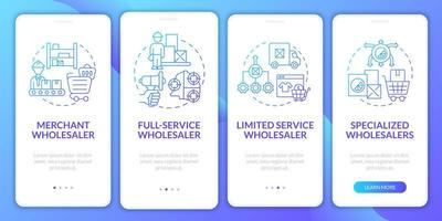 Retailer types definition onboarding mobile app page screen. Distribution business walkthrough 5 steps graphic instructions with concepts. UI, UX, GUI vector template with linear color illustrations