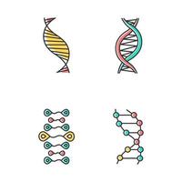 DNA strands color icons set. Deoxyribonucleic, nucleic acid helix. Spiraling strands. Chromosome. Molecular biology. Genetic code. Genome. Genetics. Medicine. Isolated vector illustrations