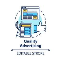 Quality advertising concept icon. Commercial promotion. Successful propaganda. Advertisement marketing. Giving publicity idea thin line illustration. Vector isolated outline drawing. Editable stroke