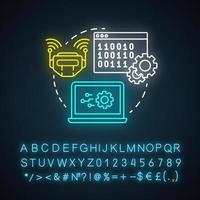 icono de concepto de luz de neón de control de robot. idea de sistema robótico. software y código binario. tecnología de la información, programación. signo brillante con alfabeto, números, símbolos. ilustración vectorial aislada vector